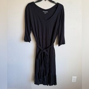 Soft Surroundings Black Ruffled Faux Wrap Belted Knee Length Dress Womens LP